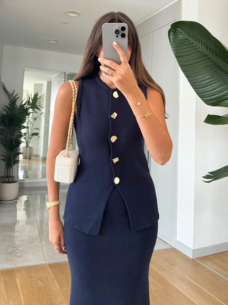 Elegant Knit Vest Suits Women Solid Single Breasted Oneck Sleeveless Slim Waistcoat Bodycon Midi Skirts Spring Lady Outfit 250514