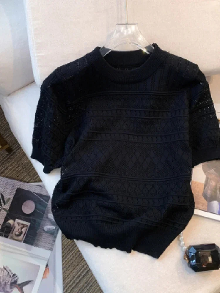 HELIAR Women Hollow Out Knitted Tshirt Sweet Thin Short Sleeve Crop Top Solid Oneck Tees Summer Beach Holiday Pullover 250514