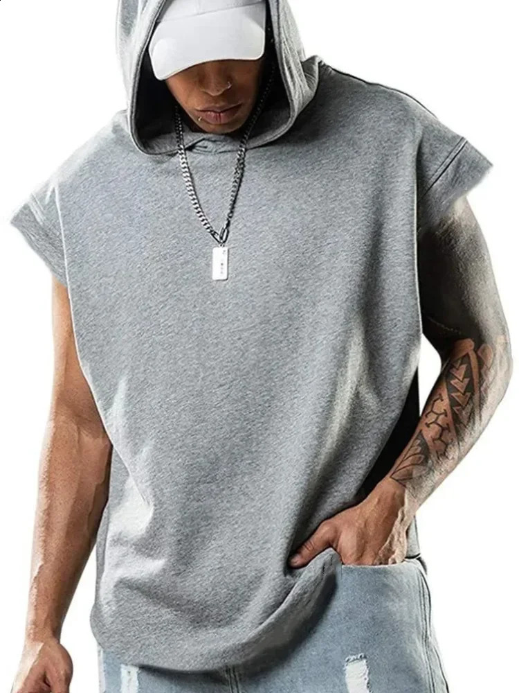 Hooded Solid Color Mens Casual Pullover Sports Mens T-shirt Sleeveless Mens Waistcoat Loose 250513