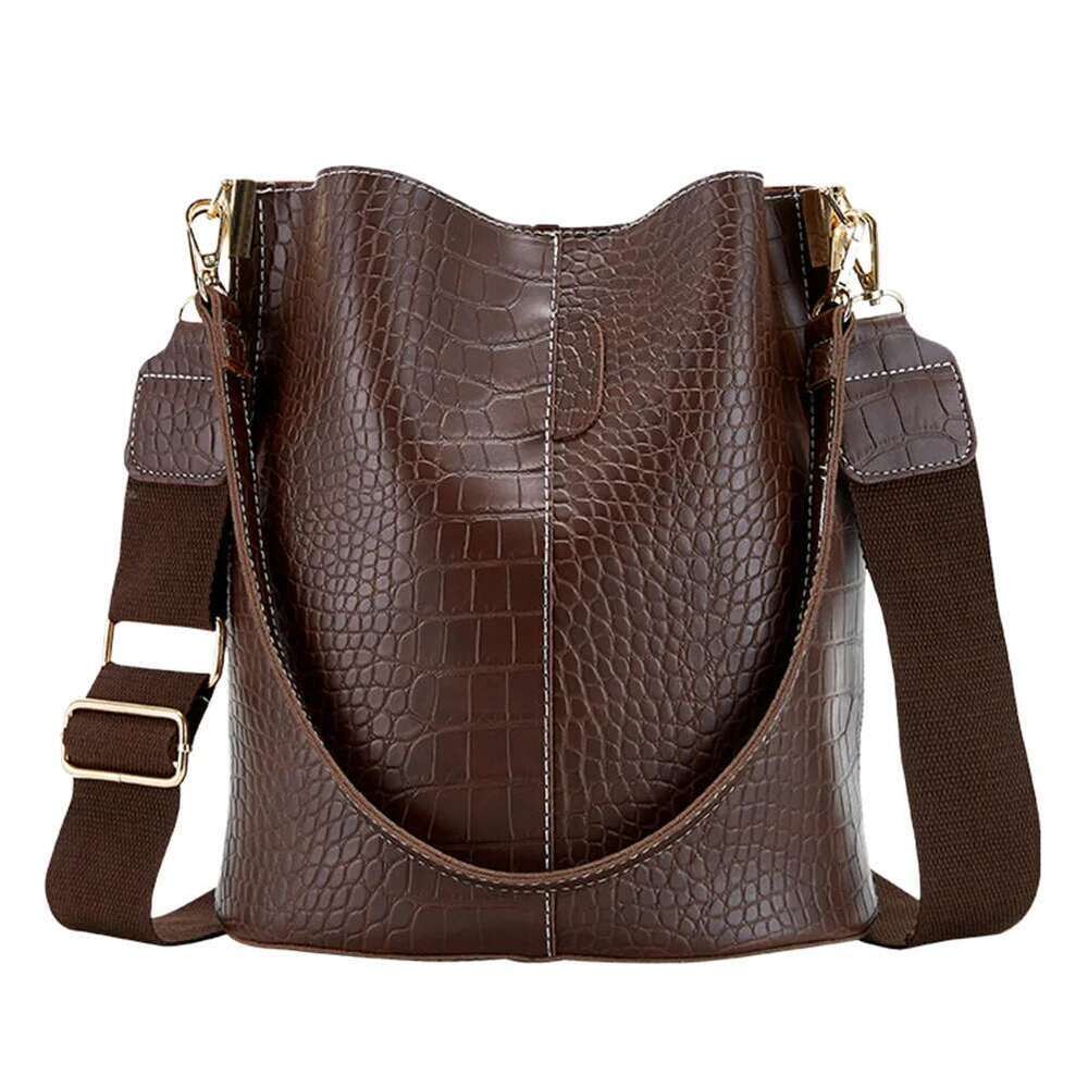 Leather Crossbody Women Large-Capacity Patchwork Fashion Bucket Bags Crocodile Pattern Shoulder Messenger Handbag