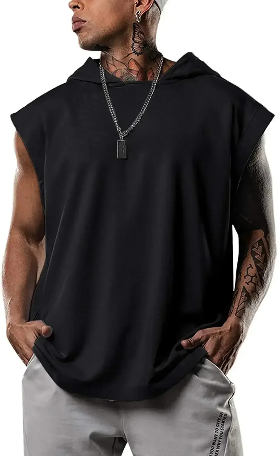 Hooded Solid Color Mens Casual Pullover Sports Mens T-shirt Sleeveless Mens Waistcoat Loose 250513