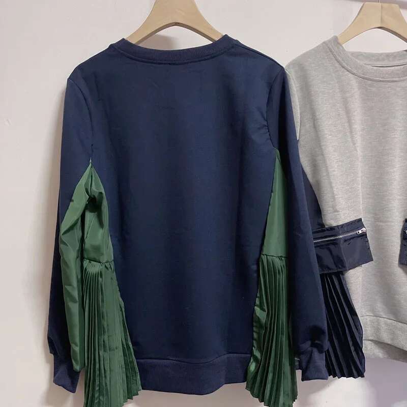 Contrast Pleated Ropa Mujer Zipper Pocket Patchwork Hoodies Women Long Sleeve O Neck Sweatshirts Fall Womens Clothing Hoodie Designer