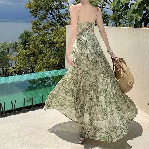Dress Women Sling Dresses A Line Print Floral Pleated Sleeveless Backless Slim Fit Tight High Waist Long Dresses Elegant SpliceXJ250514