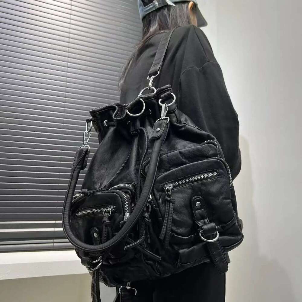 Ladies' Fashion Y2K Street Spicy Girl Backpack Large Capacity Aging Multi functional Pure Leather Retro Shoulder Bag