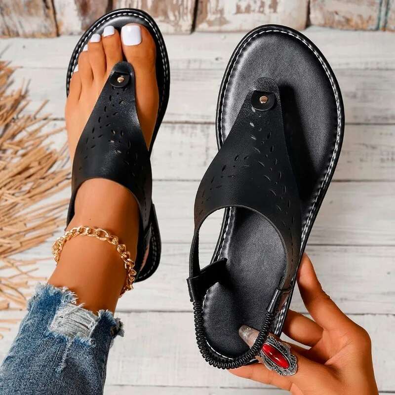 Women Large Size Hollow Toe Clip Flat Sandals for Women'S Summer Elastic Band Carved Beach Woman Sandal Sandalias