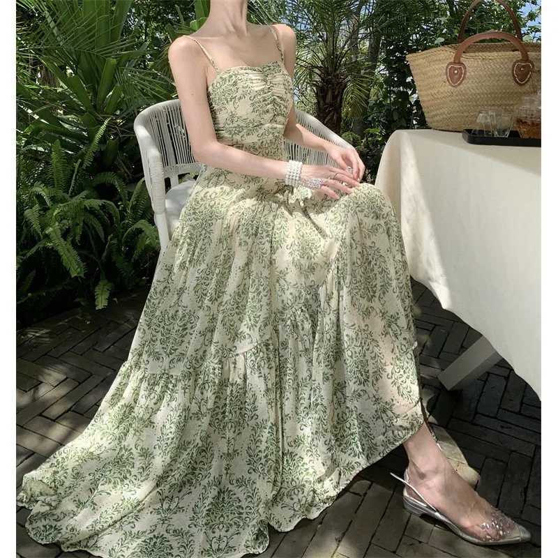 Dress Women Sling Dresses A Line Print Floral Pleated Sleeveless Backless Slim Fit Tight High Waist Long Dresses Elegant SpliceXJ250514