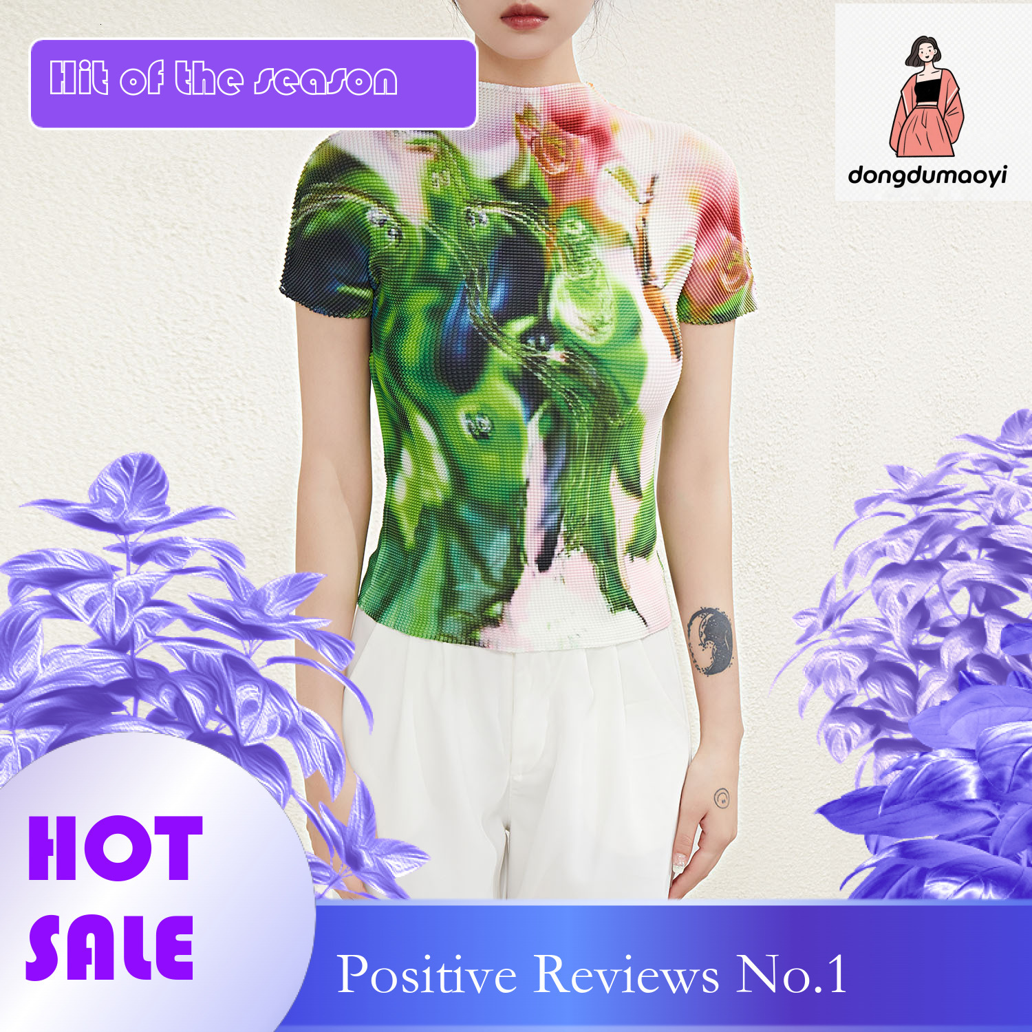 dongdumaoyi Summer 2023 Miyake printed temperament stand up collar short sleeved t-shirt slimming versatile high-end thin pleated top for women