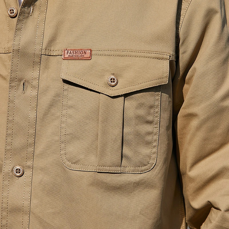 100 pure cotton mens long sleeved 2pocket shirt outdoor casual highquality clothing 250506Z