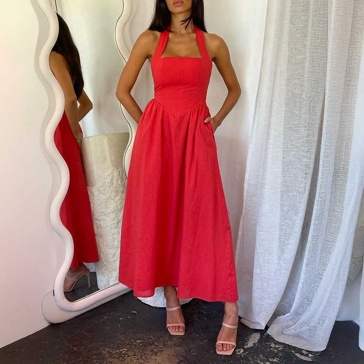 2025 Spring Summer Casual Vacation Solid Color High Waist Sleeveless Hanging Neck Dresses for Women Dress Women Female ClothingXJ250514