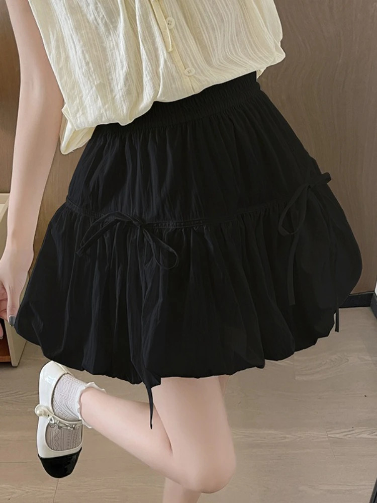 Flower Bud Short Skirt Female Summer High Waist Aline Skirts for Women Korean Fashion College Style Black Lantern 250514