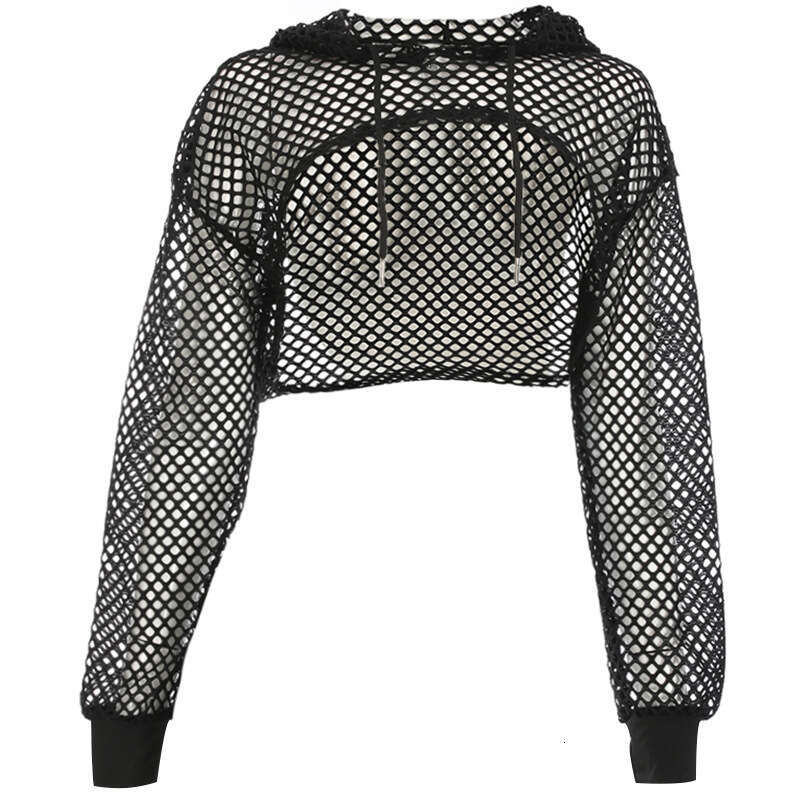 Sexy Women's Solid Color Mesh Top With Sun Protection, Hollowed Out Perspective, Minimalist Hooded T-Shirt B5