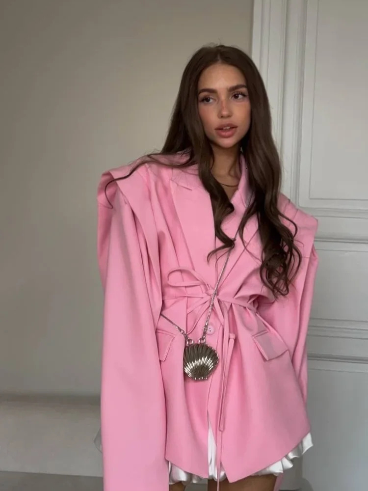 Elegant Solid Lapel Blazer Jackets Women Long Sleeve Single Button Lace Up Coats 2025 Spring Summer Fashion Street Lady Jacket 250513