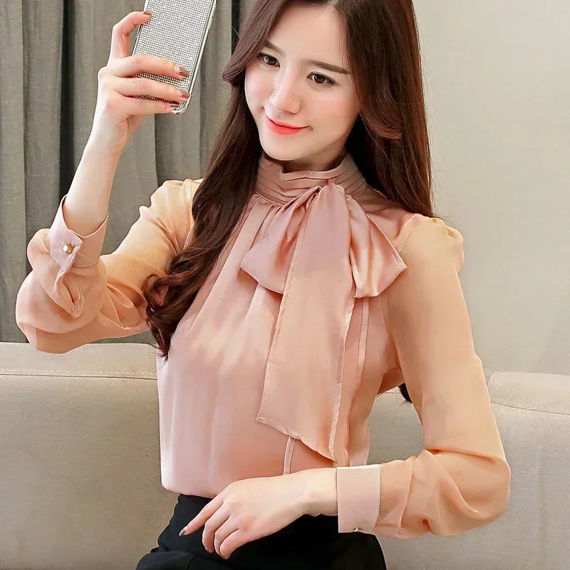 Summer Fashion Tunic Women Blouse Long Sleeve Woman Tops Tie Bow Chiffon Womens Shirts Office Lady Clothes 0599 250513