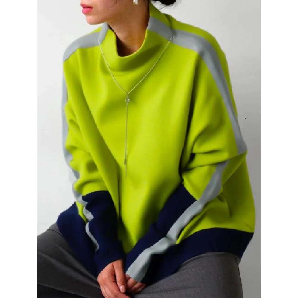 Freeacy Women's Pullover Sweatshirt High Neck Long Sleeve Contrast Color Loose Fit Shirt Top 2025 Spring Fashion Casual Tops Designer