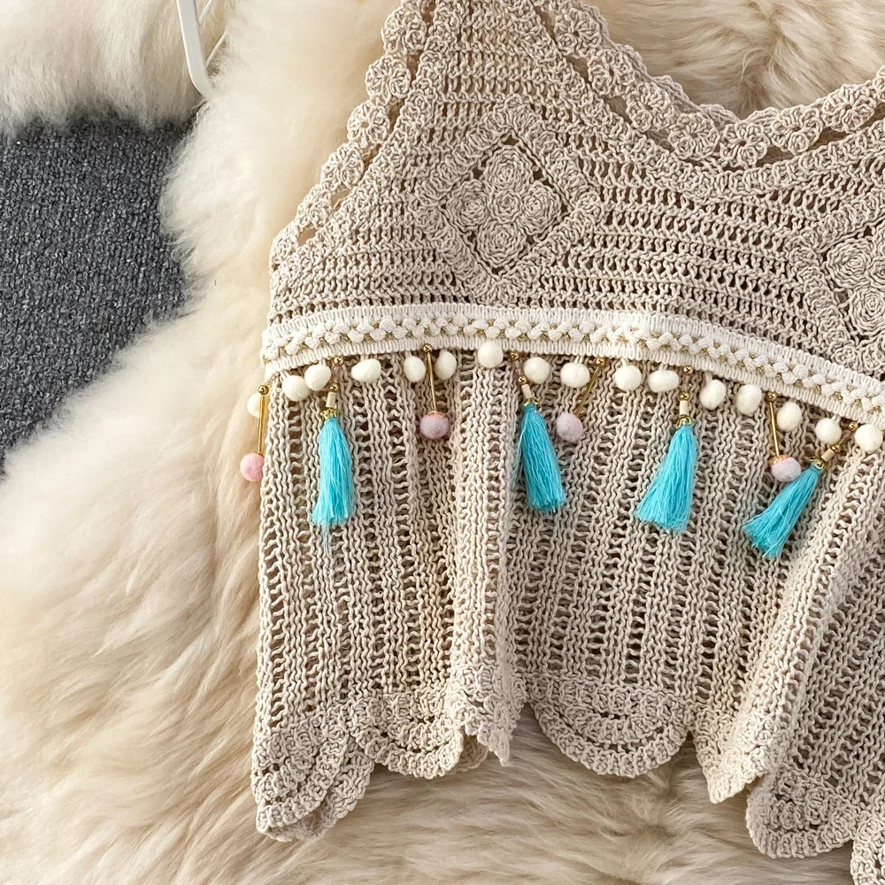 Holiday Knitted Two Pisces Suits Laca Up Halter Hollow Out Backless TopDrawstring Tassel Solid Skirt Women Sets 250514
