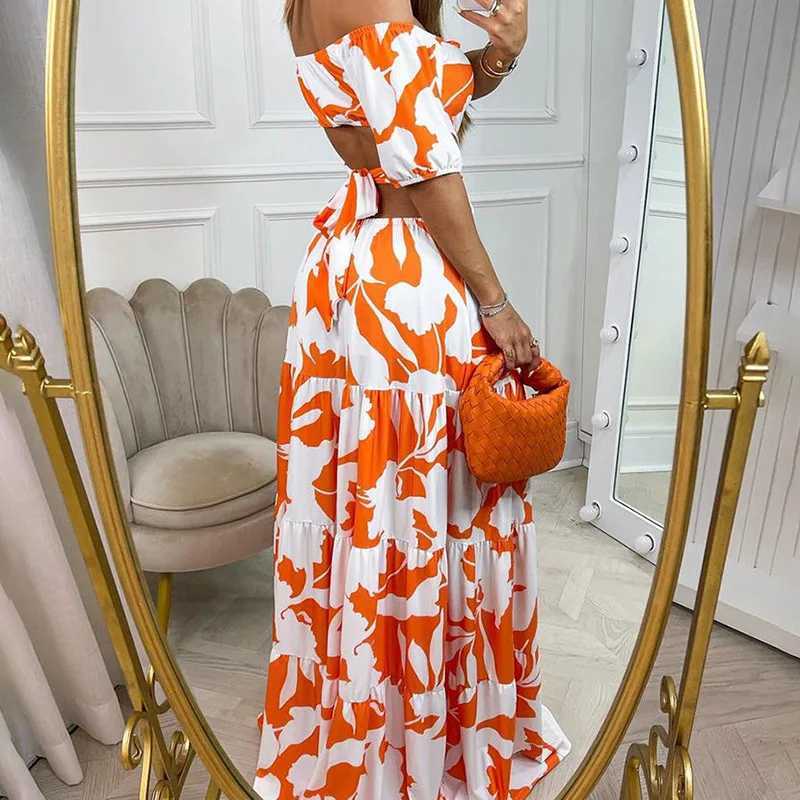 Sexy Womens Temperament Commuting Slim Fit Printing Hollow Lace up Large Swing Dress Womens Fashion Short Sleeve High Waist DrXJ250514