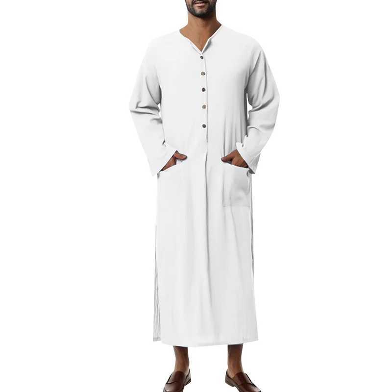 Mens Muslim Robes Solid Color Long Sleeve Cotton Pockets Robes Button-down Leisure Vintage Islamic Arab Kaftan Dubai Male New X250514
