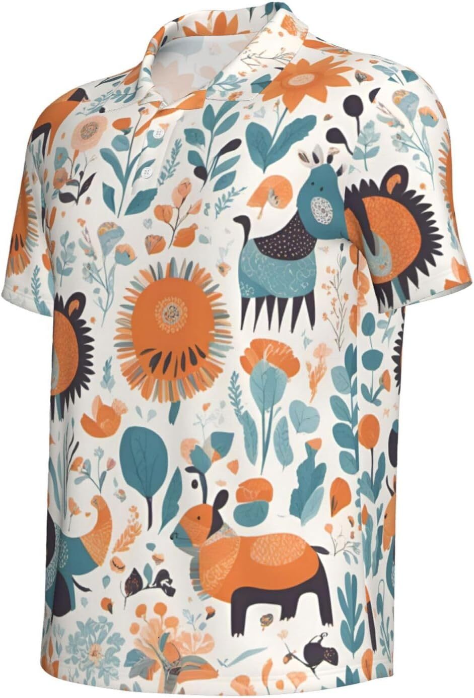 Mens Polo shirt Cute Floral Animal Pattern Mens Short Sleeve Polo Shirt, Performance Quick Dry Collared Shirt for Golf and Casual
