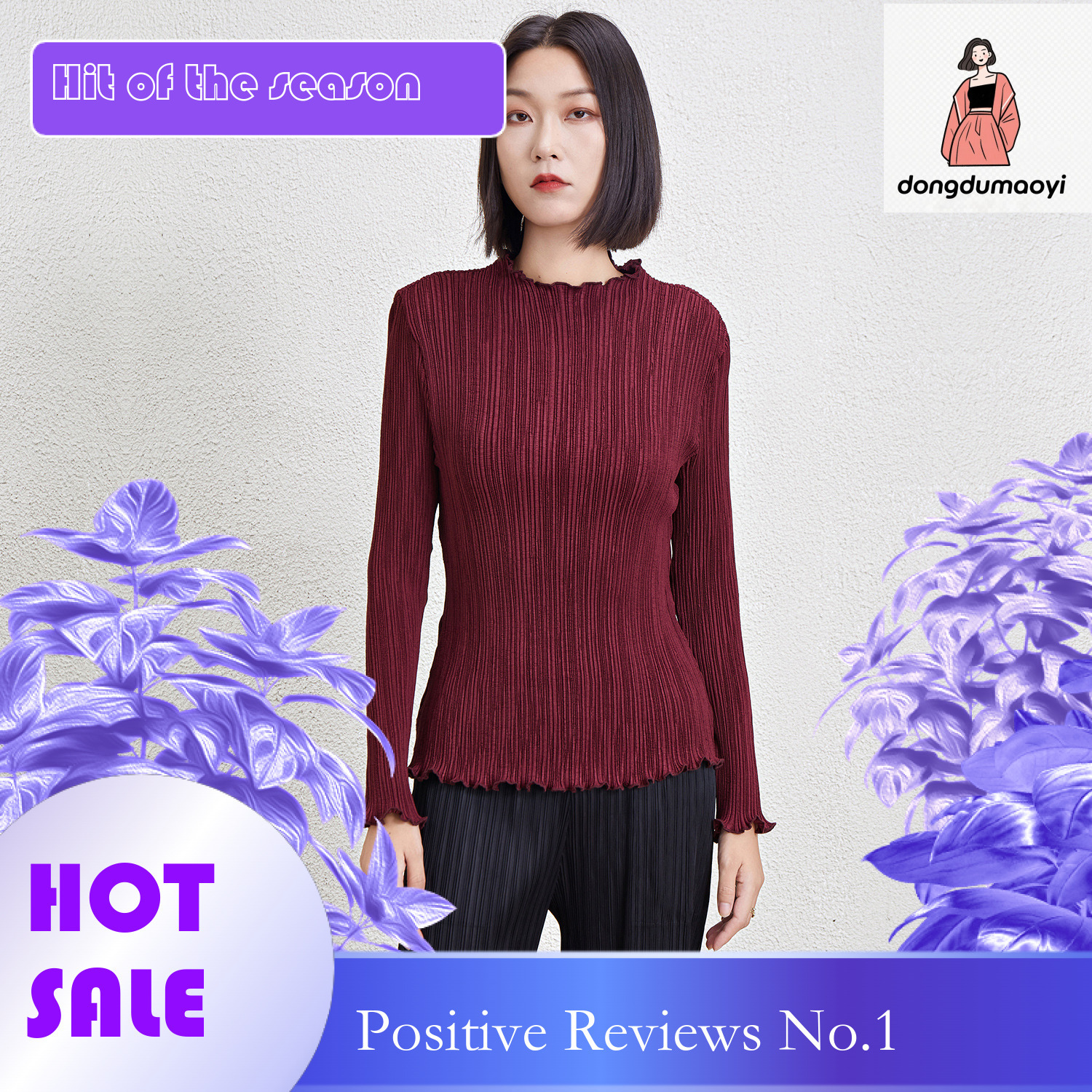 dongdumaoyi Miyake semi high neck long sleeved T-shirt for women in winter 2024, new women's pleated lace collar base shirt, top trend