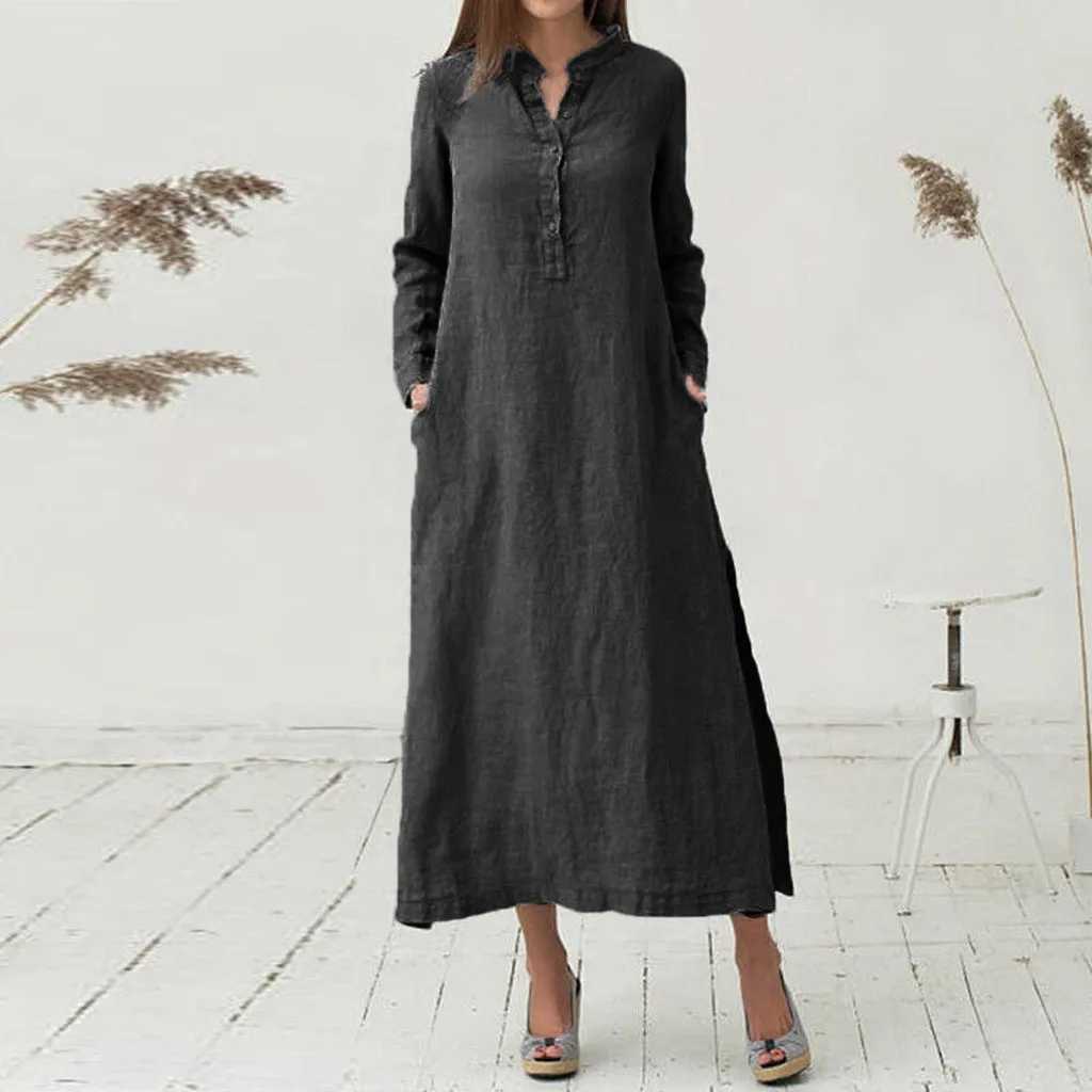 Simple Style Cotton Linen Long Sleeved Solid Color Casual Maxi Long Shirt Fashion Retro Loose Button Pullover Dress With PocketsXJ250514