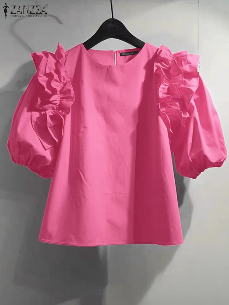 ZANZEA Women Summer Chic Blouse Korean Fashion Puff Short Sleeve Tops Vintage Ruffle Patchwork Tunic Casual Round Neck Loose Top 250514