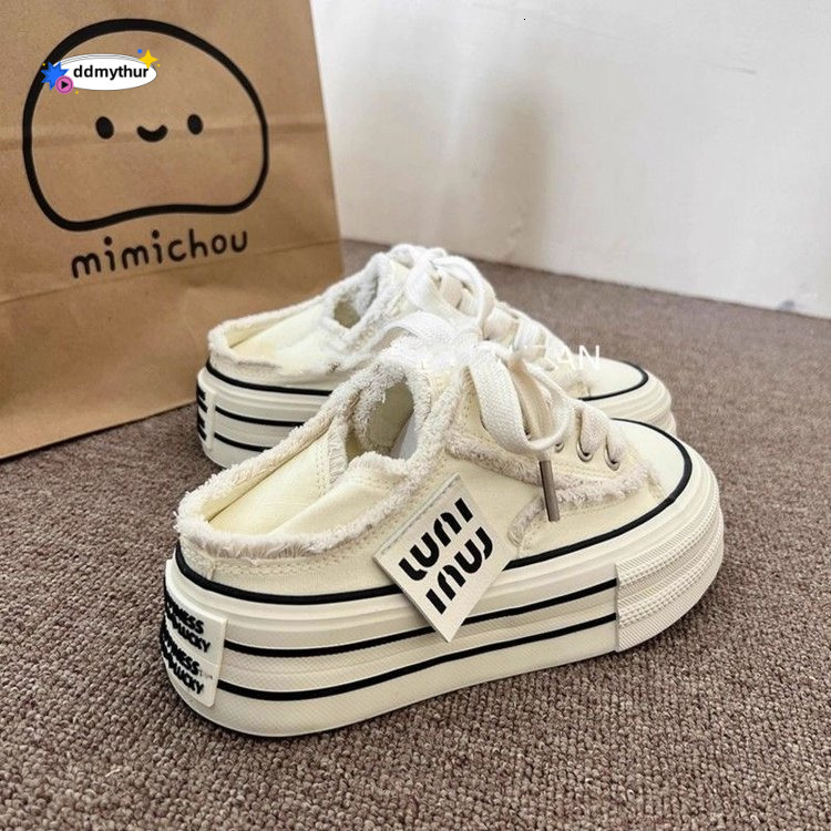 Can be worn as a pair women's thick soles, versatile with one foot. The 2025 new niche design increases the height of casual canvas shoes ddmythu