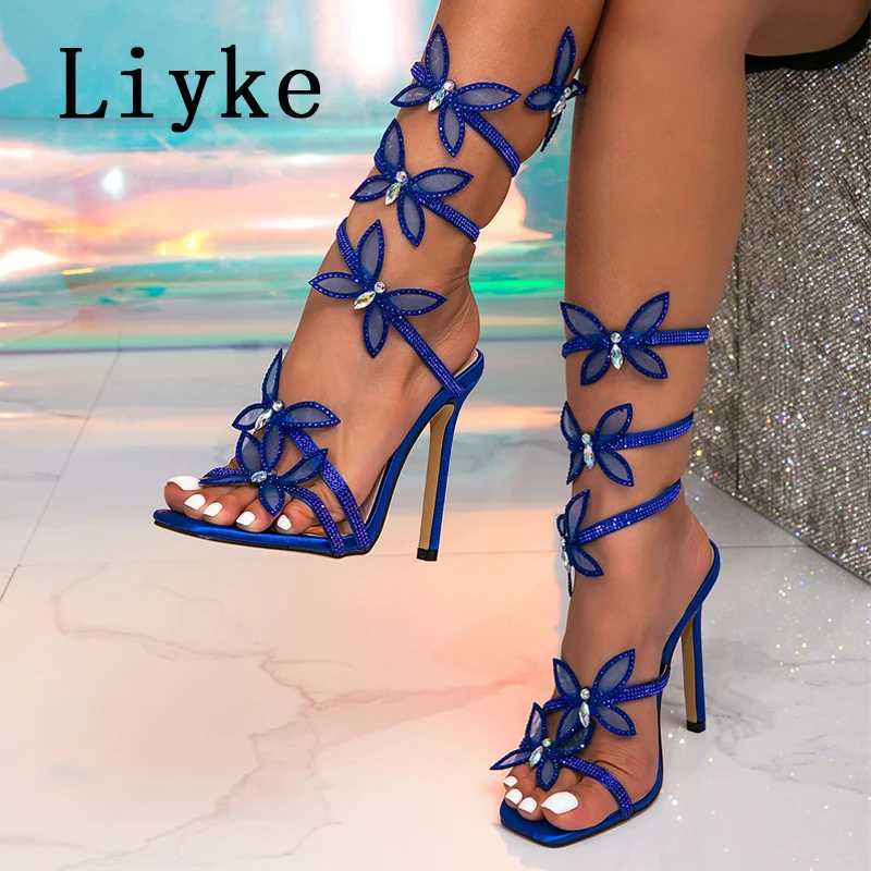 Similar Fashion Glitter Rhinestones Women Sandals Crystal Butterfly Square Toe Wedding Party Stripper Shoes High Heels Black Blue W250514