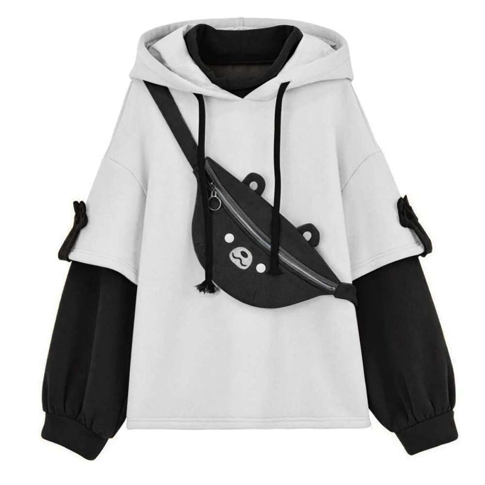 Kawaii Cute Oversize Hoodie With Bear Bag Womens Autumn Patchwork Sweatshirts Pullovers Japanese Streetwear Aesthetic Hoodies Designer