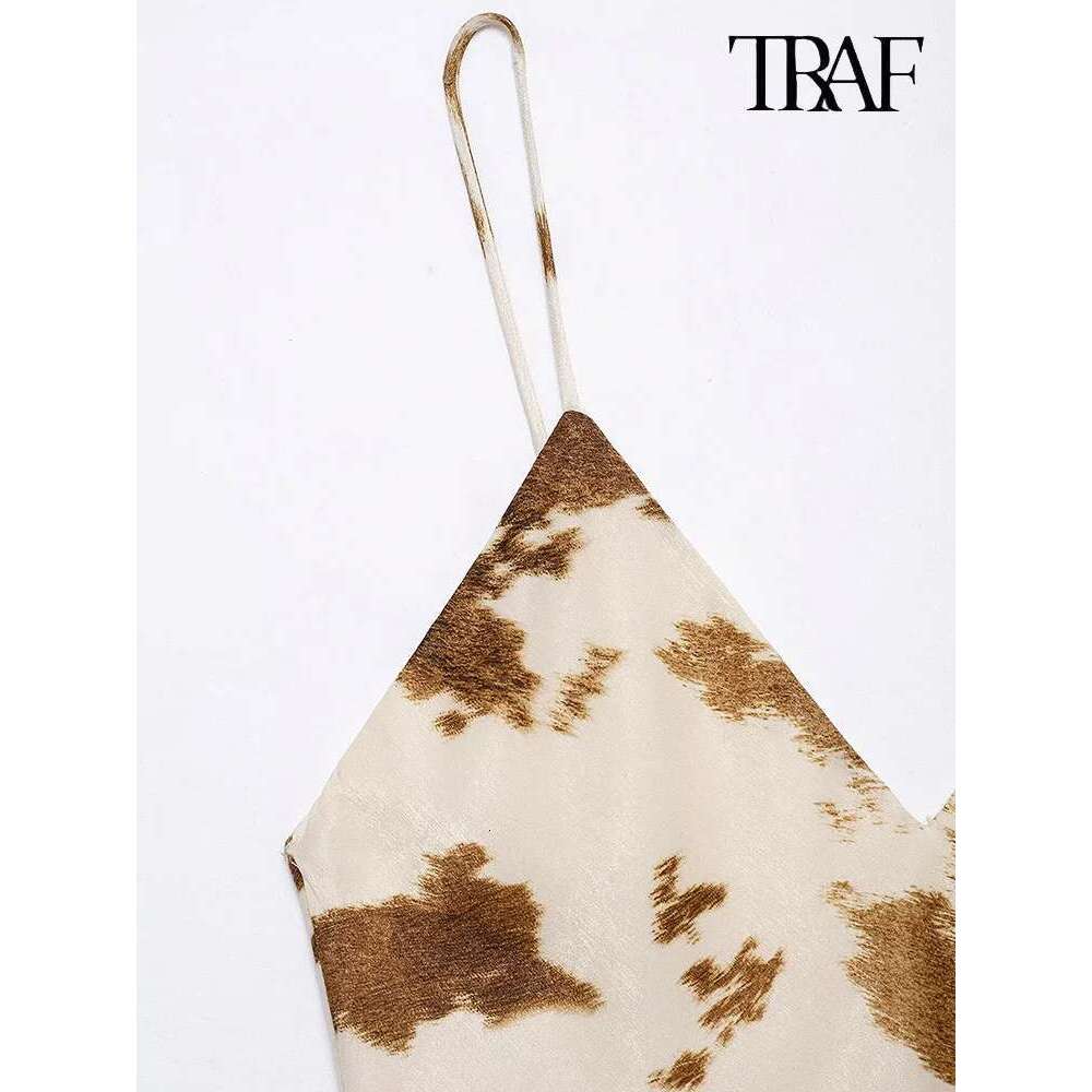 TRAF Women's Satin Texture V-Neck Mistletoe Fashion Sexy Spot Printed Long Halter Dress Temperament Elegant Womenswear