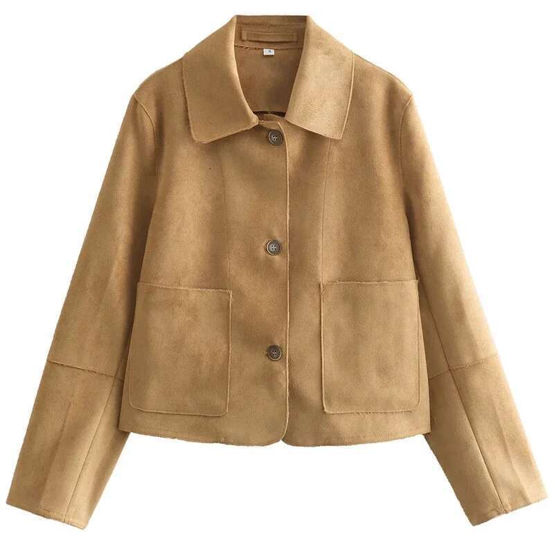TRAF Women's Demi-Season Cropped Suede Jacket Lapel Collar Long Sleeve Top New In Jackets Korean Reviews Many Coats