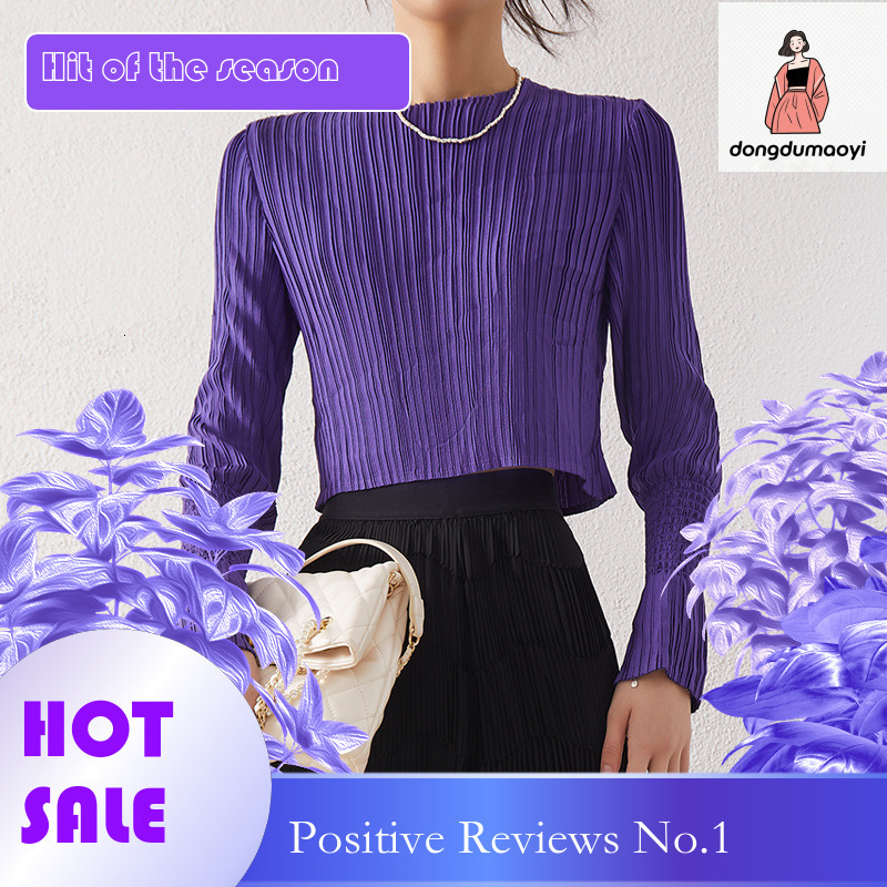 dongdumaoyi Miyake niche chic design long sleeved short top with pleats autumn style women's age reducing and stylish small shirt
