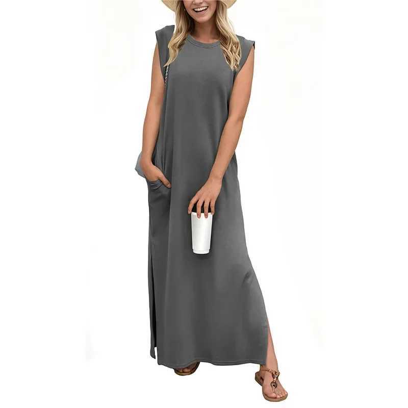 Summer New Loose Long Pocket Hem Split Dress Womens Cross-Border Fashion Sleeveless Dress Origin China Other PatternsXJ250514