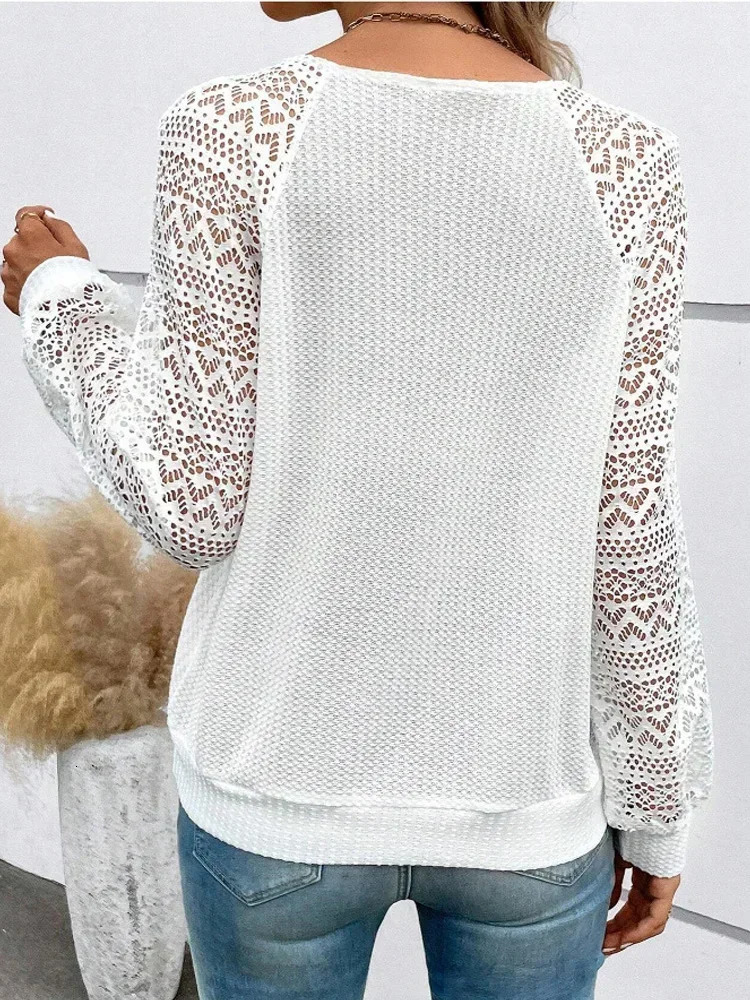Fashion Lace Splice Long Sleeve Womens Shirts Casual Loose V Neck Hollow Out Women Blouses Office Lady White Tops 250514