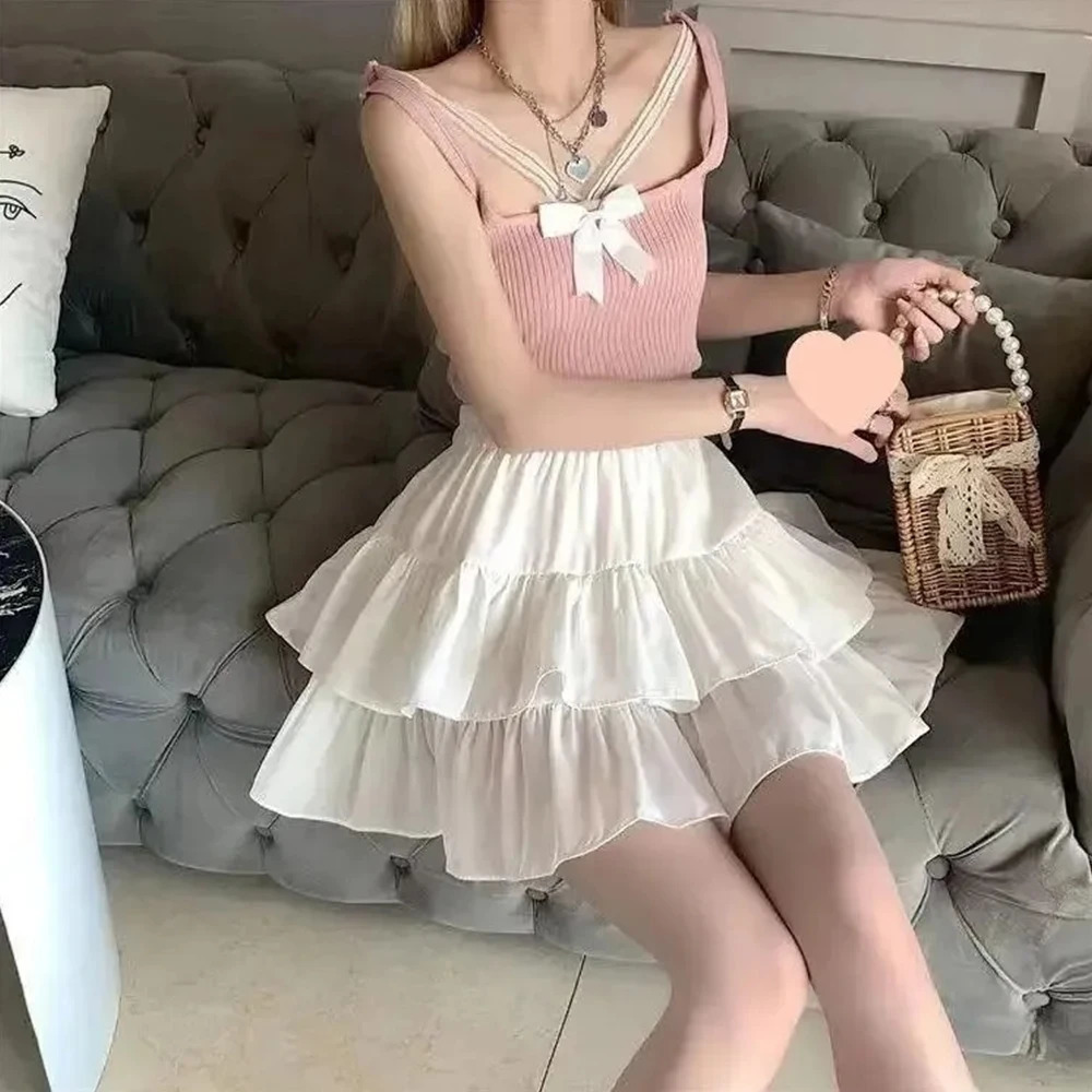 Pleated Aline Skirt White Women Ruffles Sweet tie Preppy Style Elastic Waist Slim Thin SimpleCasual Summer Wholesale 250514