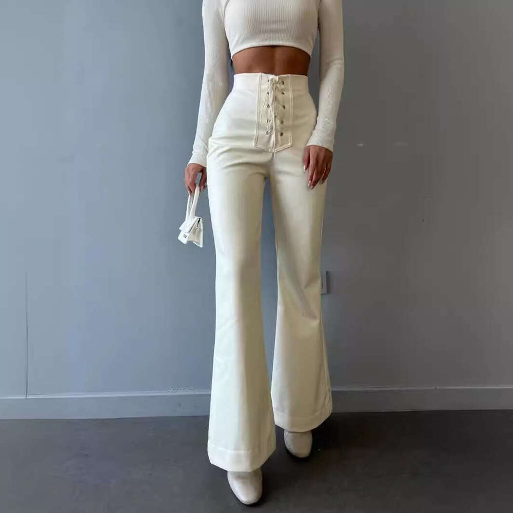 Women Pants 2025 Autumn Winter Fashionable and Sexy High Waisted Flared Leather Pants Womens Pants Hot Style Solid Color Printing All-match Model