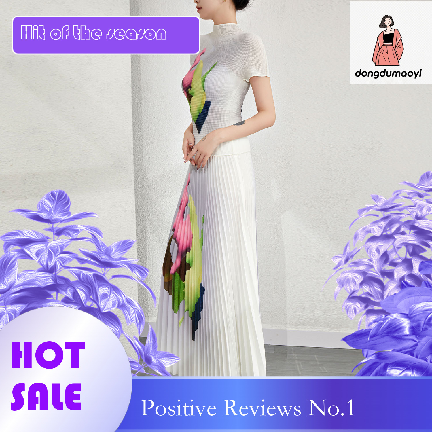dongdumaoyi European high-end fashion casual pleated for women's 2024 summer new printed T-shirt, half skirt two-piece set
