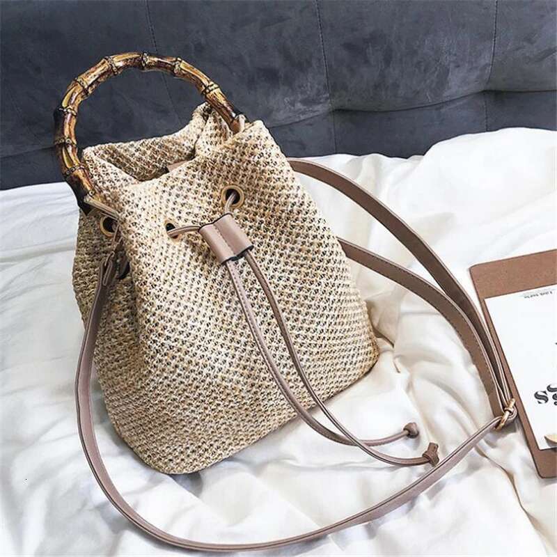Summer Straw Handbag Women Rattan Handmade Bucket Large Capacity Shoulder Woven Messenger Hard Top-Hanlde Beach Bag