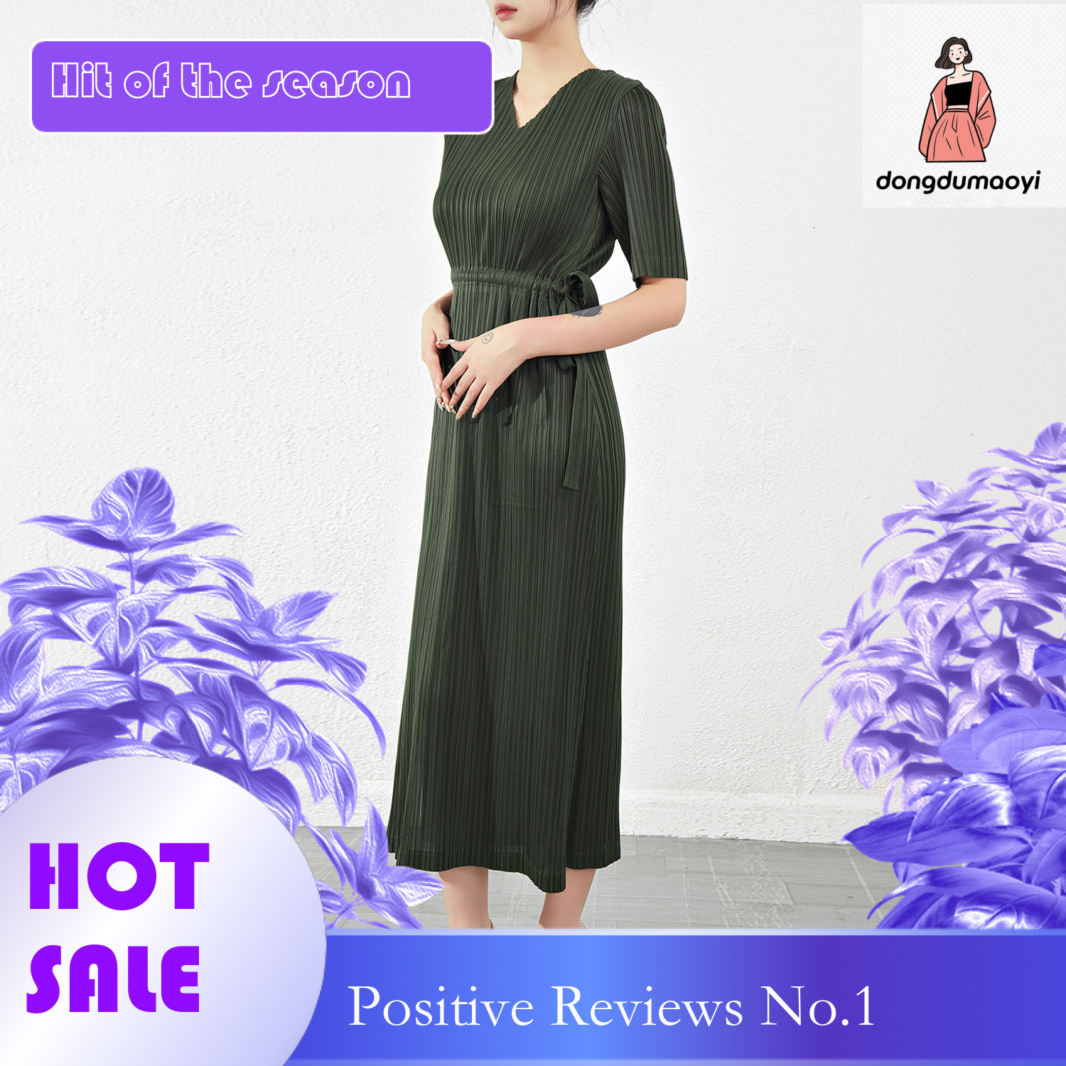 dongdumaoyi Miyake pleated loose slimming temperament short sleeved V neck high end dress long skirt
