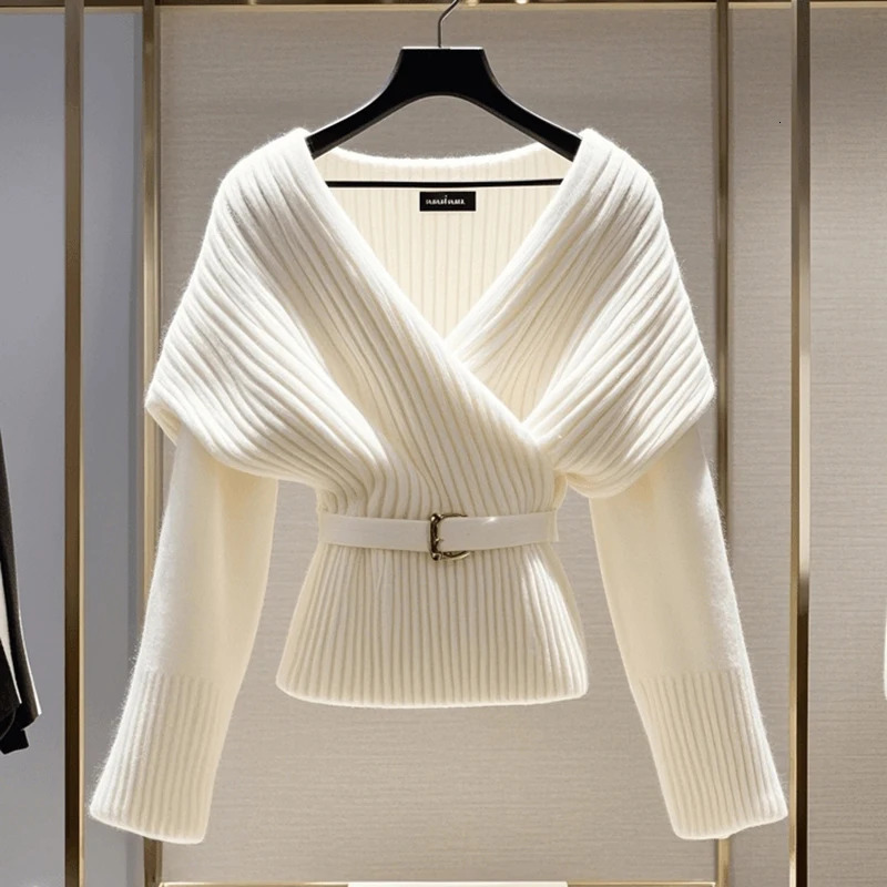 Fashion Women White Knitted Sweater Blouses V-neck Long Sleeve Vintage Top Soft Pullovers Sweater 2025 Autumn Winter 250514