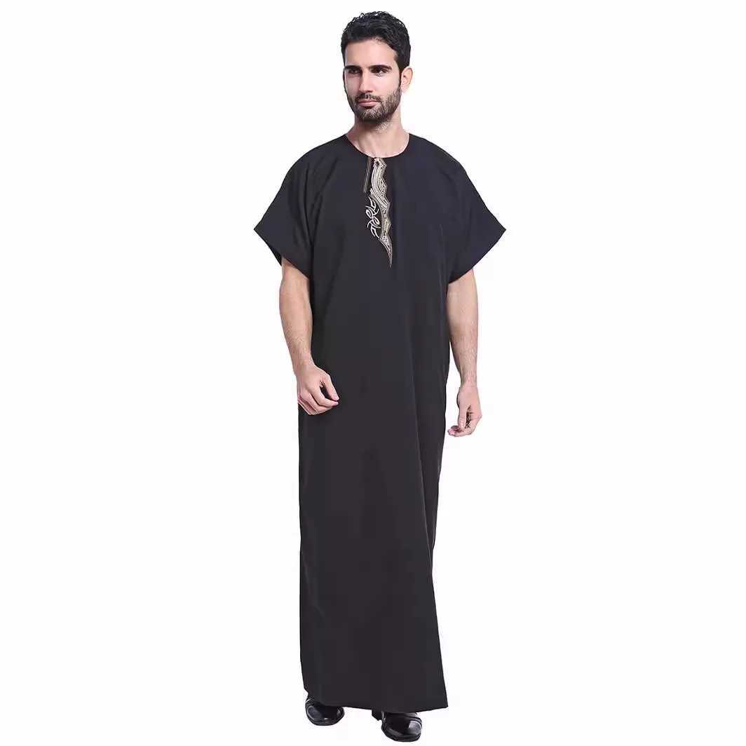 Muslim Kaftan for Men Round Collar Blue White Spring Elegant Robe Arab Vintage Long Sleeves Thobe Robe Turkey Embroidered X250514