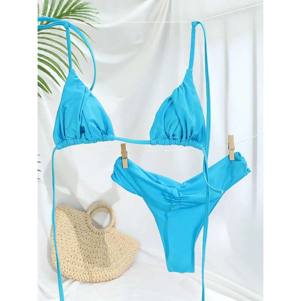Triangle Bikinis Sexy Swimsuit Women Bandage Swimwear Bikini Set Solid Color Beachwear Two Piece Suit Female Swimsuits