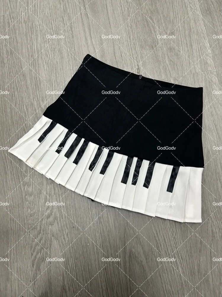Spring Black White Spliced Women Short Skirt Y2k Slim n Harajuku Mini Female Empire Korea Style Chic Piano 250514