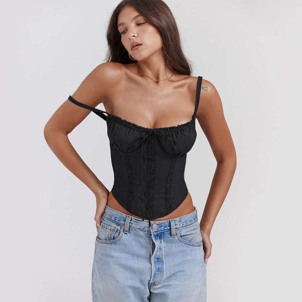 Summer Tee Shirt Women Clothes T Shirt Women T Shirt Graphic Tees Shirt 2025 Summer New Splicing Lace Up Sexy Spicy Girls Strap Top for Women