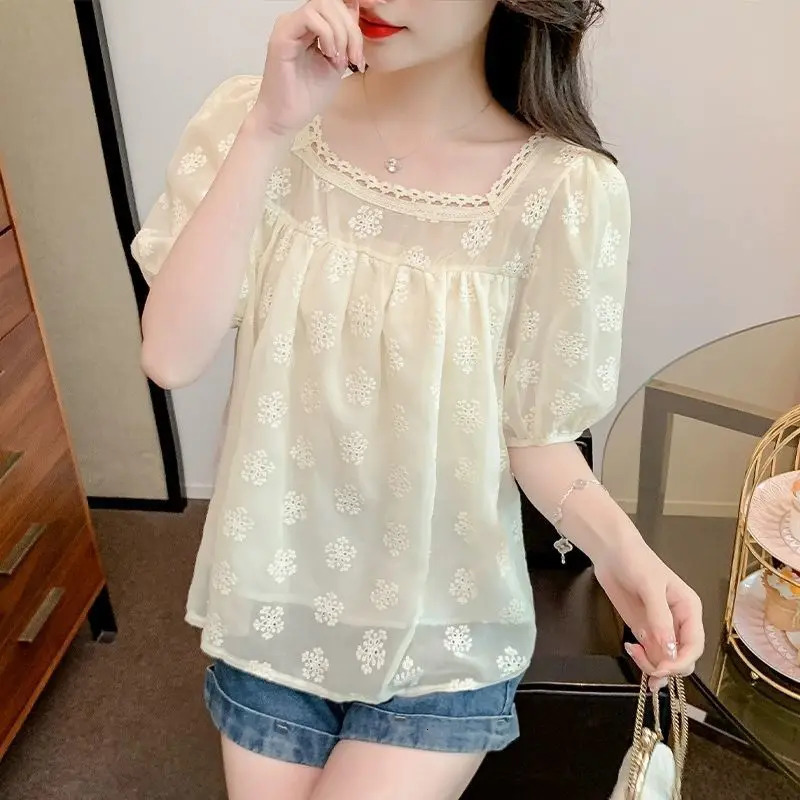 Summer Short Sleeve Chiffon Women Blouse Fashion Casual Hollow Out Shirt Square Neck Elegant Puff Sweet Tops 250514