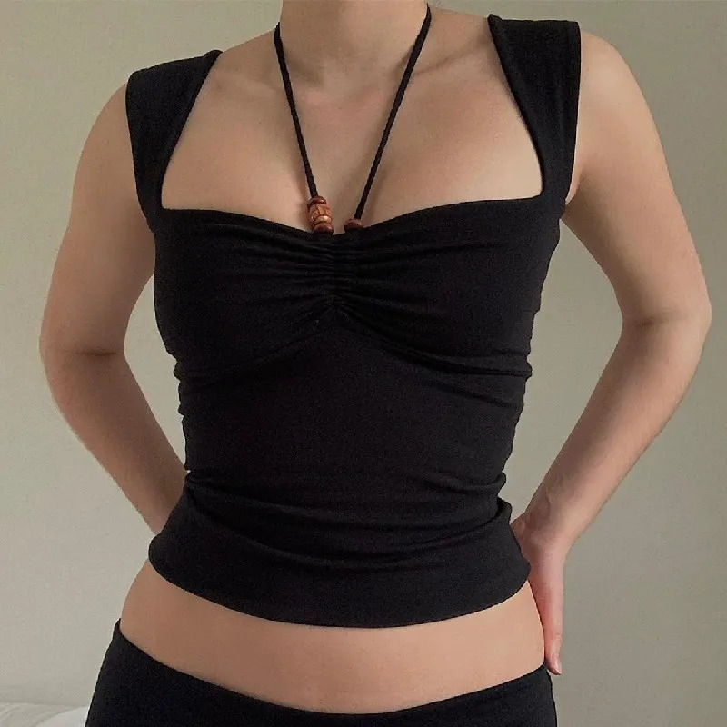 Where Mery summer womens black ultrathin tank top Y2K sexy square neckline pleated backless crop casual sleeveless tight vest 250506