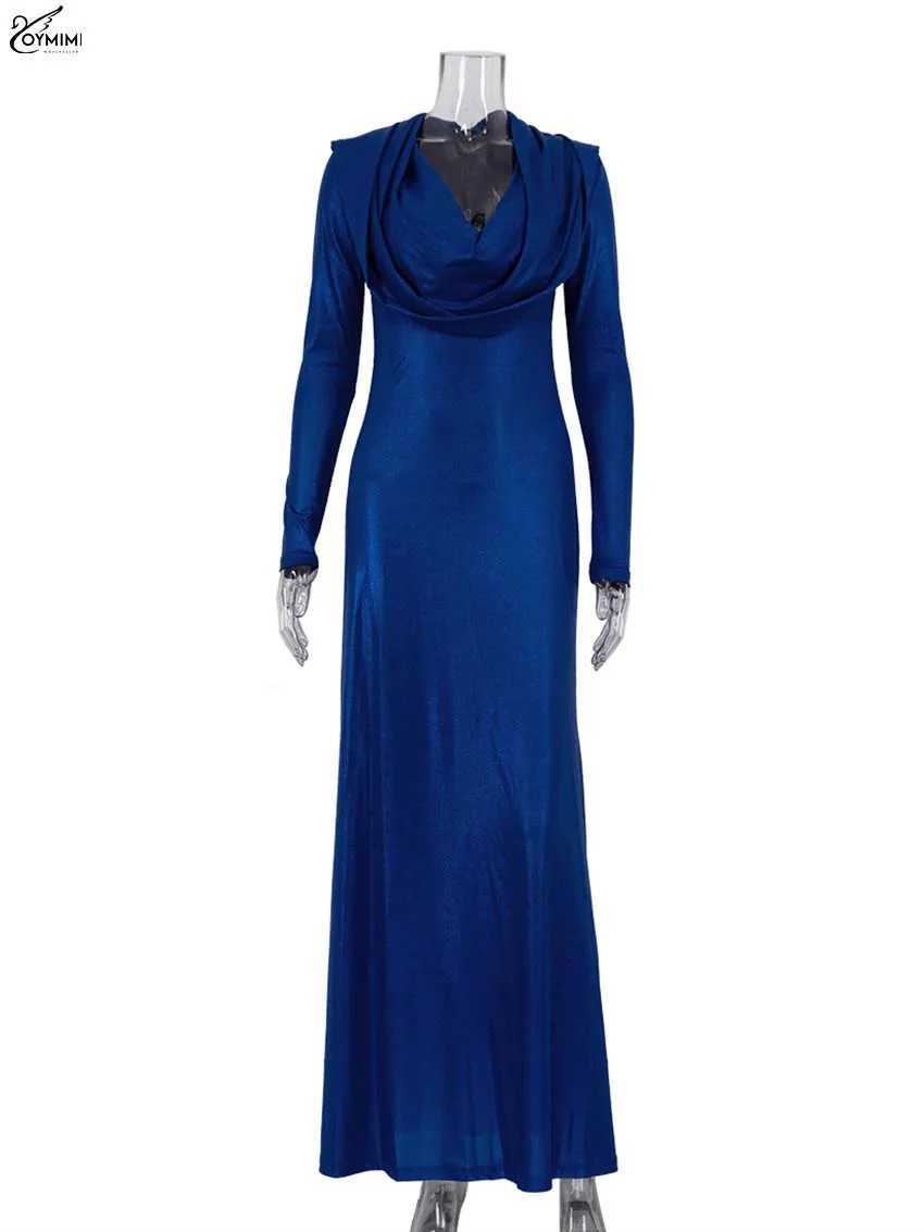 Oymimi Elegant Blue Knitting Womens Dress Fashion Hooded Collar Slim Long Sleeve Dress Casual Solid Floor-Length Dresses FemaleXJ250514