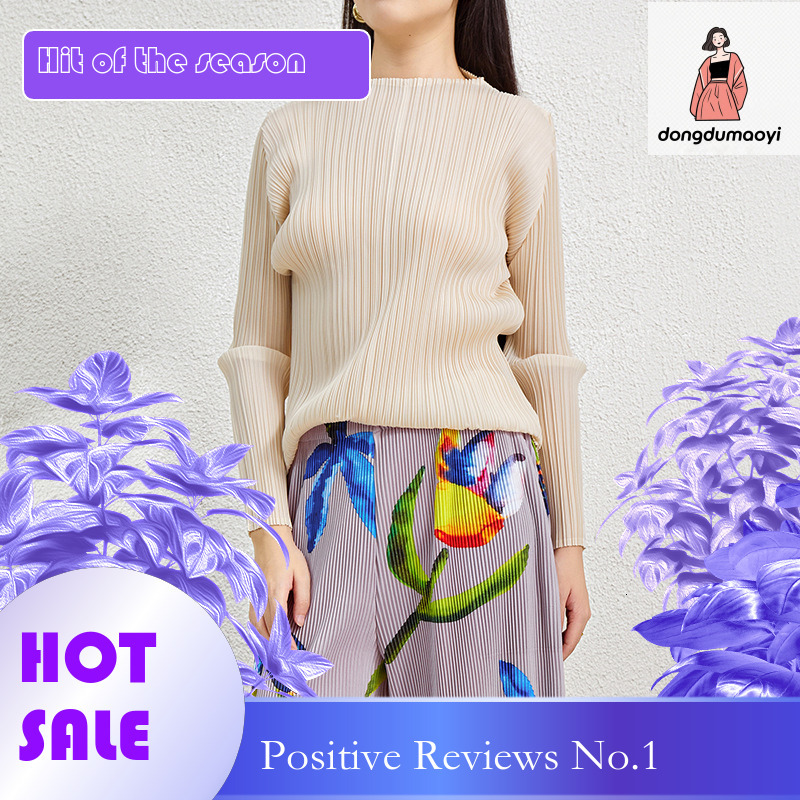 dongdumaoyi Miyake basic pleated top 2025 Spring and Autumn new Korean version slim fit half high neck striped long sleeved T-shirt