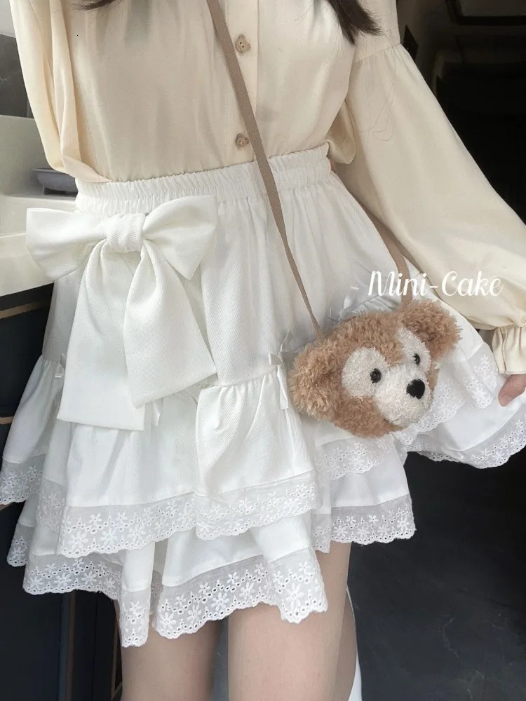 Harajuku Sweet Bow White Lace Skirt Women Y2K High Waist Ruched Cake Skirts Spring Autumn Basic Simple Layered Foldas 250514