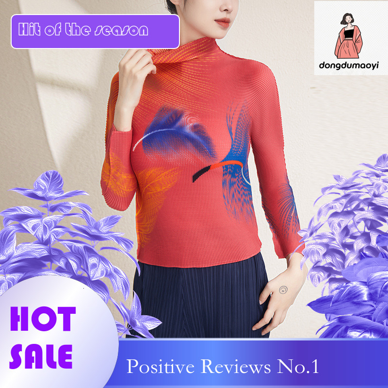dongdumaoyi Wrinkled long sleeved t-shirt for women, 2023 autumn three bedroom new style, semi high neck, elastic slim fit printed bottom shirt top