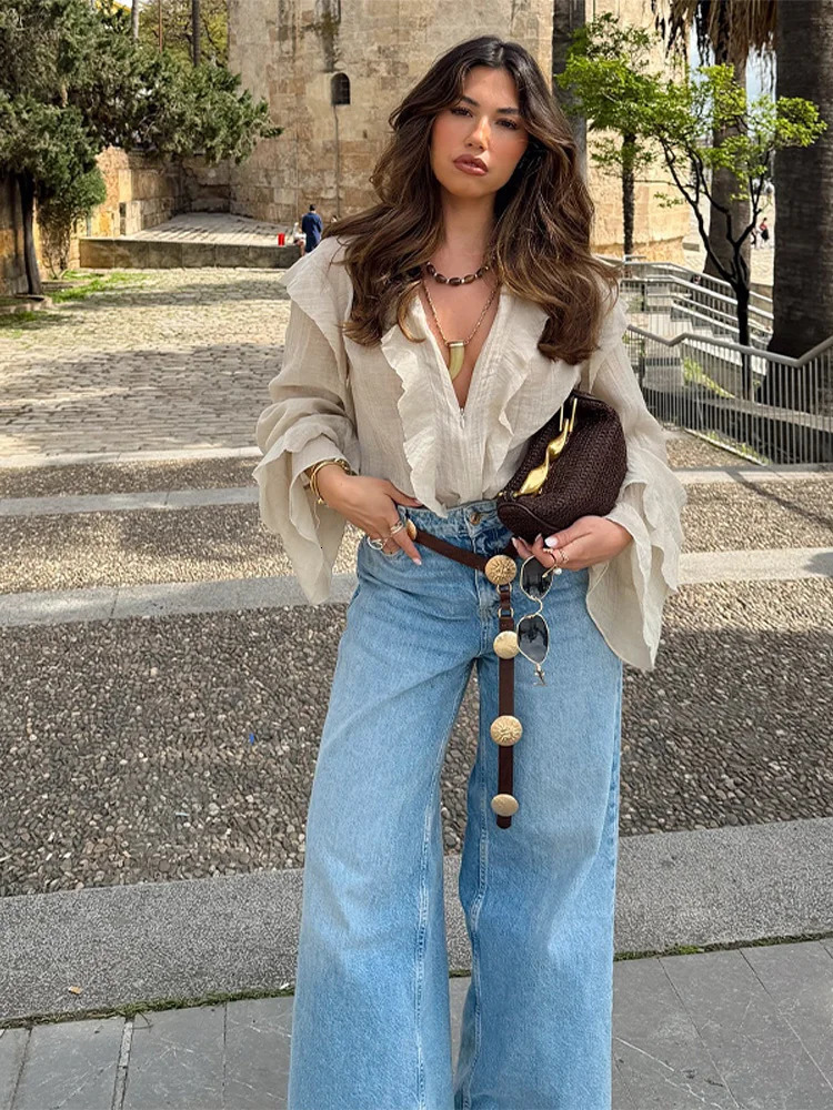 Chic Ruffle Chiffon Top Women Fashion Matching O-neck Flare Sleeves Zippers Tops Female 2025 Spring Summer Casual Lady Shirts 250513
